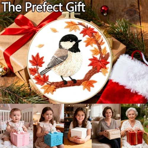 Zhenqing Black-Capped Chickadee Embroidery Kit for Beginners, Autumn Bird Needlework Craft with Pre-Printed Cotton Fabric, Hoop, Threads & Tools, Fall Decor (C0212) - Image 6