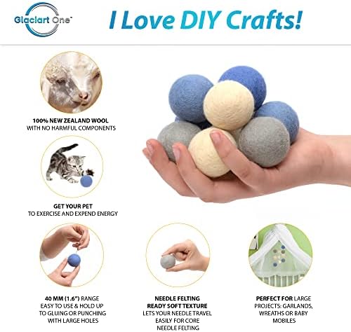 Glaciart One Felt Balls, Felt Pom Poms (10 Pieces) 4 Centimeters - 1.6 Inch, Handmade Felted 5 Colors Balls for Cats, Felting and Garland - Image 2