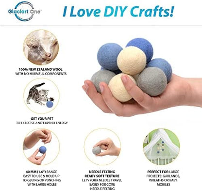 Glaciart One Felt Balls, Felt Pom Poms (10 Pieces) 4 Centimeters - 1.6 Inch, Handmade Felted 5 Colors Balls for Cats, Felting and Garland - Image 2