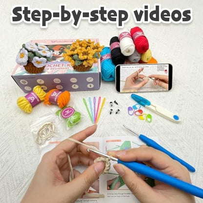 Crochet Kit for Beginners, Learn Crochet Flower Coaster Kit, Include Video Tutorial & Manual, Easy Knitting Yarn for Adult Amigurumi, DIY Holiday Birthday Gift Idea(Sunflower & Daisy) - Image 5