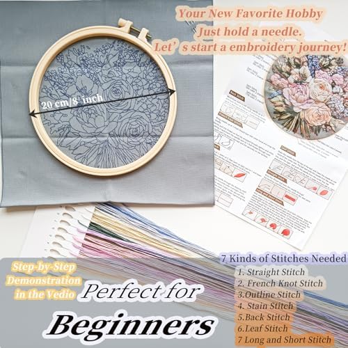 FONNUY Bouquet Flowers Embroidery Kit for Beginners, Pre-Stamped Pattern Kits for Adults with Hoop, Easy to Follow Color Thread Needlework, 8'' Hoop (Heartwarming) - Image 5