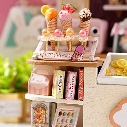 CUTEROOM DIY Miniature House Kit - Mini Craft Rooms for Adults with LED Lights, Realistic Mini Dollhouse Kit Building Model Kit, Creative Home Decor Gift- Ice Cream Shop - Image 7