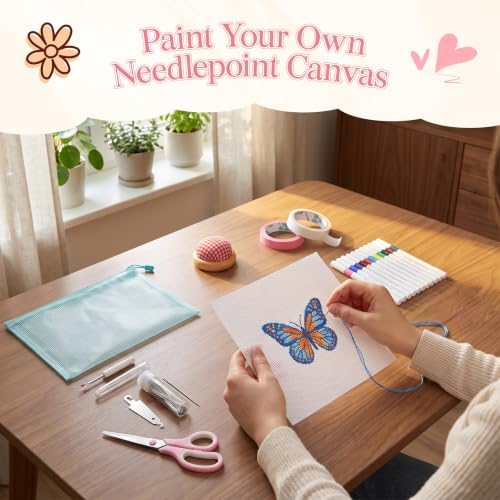 13 Mesh Needlepoint Canvas Kit - 80Pcs Beginner Needlepoint Kits for Adults, Includes 4 Pcs 18" x 12" Needlepoint Canvas,Threads, Markers, Tapes, Needles, Scissor, Protection Covers and Ripper - Image 5