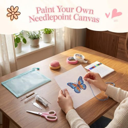 13 Mesh Needlepoint Canvas Kit - 80Pcs Beginner Needlepoint Kits for Adults, Includes 4 Pcs 18" x 12" Needlepoint Canvas,Threads, Markers, Tapes, Needles, Scissor, Protection Covers and Ripper - Image 5