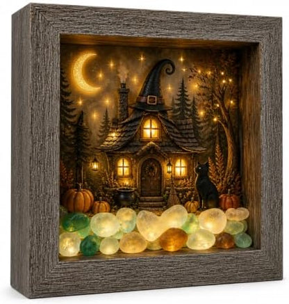 DIY Halloween Shadow Box Night Light Kit, 8.5 Inch Wooden Frame LED Craft Set with Luminous Stones & Acrylic Panels, Create Your Own Spooky Ghost & Pumpkin Scene, Fall Autumn Tabletop Home Decor by Unknown