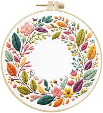 JJFox Embroidery Kit for Beginners and Adults, DIY Hand Embroidery Starter Kit with Cute Pattern, Cross Stitch Needlepoint Set with Hoop, Threads and Instructions (Wreath) by JJFox