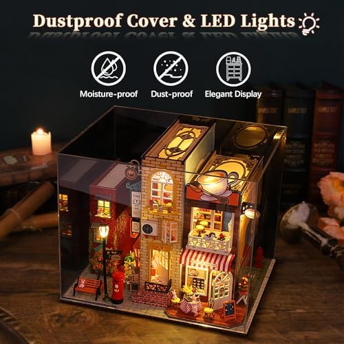 DIY Miniature House Kit, Coffee Shop Miniature Dollhouse Kit, Cafe 3D Wooden Puzzles with LED Music Dustproof Covers, Dollhouse Handmade Craft Model, Bookshelf Decor Birthday Gift for Adults - Image 6