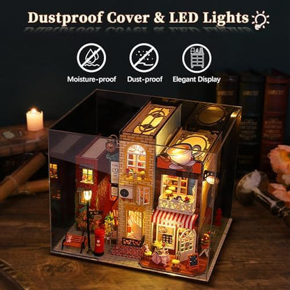 DIY Miniature House Kit, Coffee Shop Miniature Dollhouse Kit, Cafe 3D Wooden Puzzles with LED Music Dustproof Covers, Dollhouse Handmade Craft Model, Bookshelf Decor Birthday Gift for Adults - Image 6