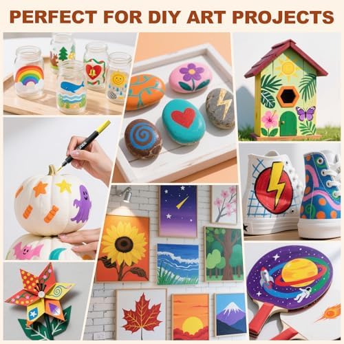 SUNEE 48 Colors Acrylic Paint Markers, Dual Tip Bullet & Brush Paint Pens with Automatic Ink Control System, Art Supplies for Adults & Teens, for Rock, Wood, Canvas, Glass Creative Projects - Image 4