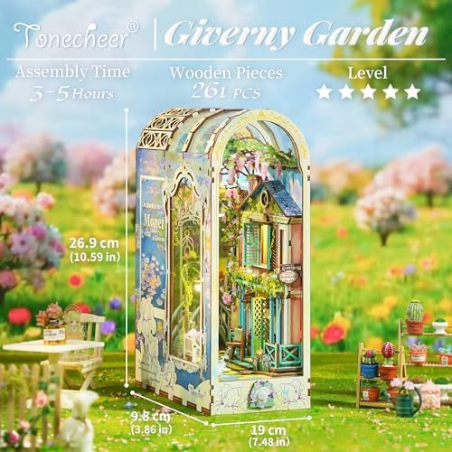 Tonecheer DIY Book Nook Kit for Adults, 3D Puzzle Wooden Miniature House Kit, Booknook Dollhouse Bookshelf Insert Decor Bookend with Dust Cover and LED Lights Gifts (Giverny Garden) - Image 2