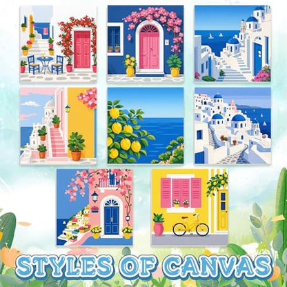 Nezyo 8 Sets 8 x 8 Inch Paint by Numbers Kit for Adult Beginners with Wooden Easels Acrylic Paint by Number Landscape Paintings Kits for DIY Party Home Decor Gift(Town) - Image 3