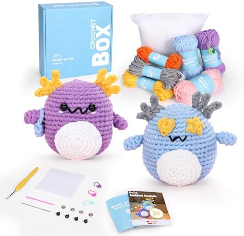 CrochetBox 2 PCS Axolotl Crochet Kit for Beginners, Adults and Teen by CROCHETBOX