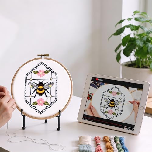 Armindou Flowers Bee Embroidery Kits for Beginners Adults, Floral Hand Embroidery Set Needlepoint DIY Kits, Stamped Cross Stitch Kits for Beginners Adults, 2 Embroidery Hoops (Attached Video Tutorial) - Image 3