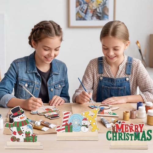Yuntau 24 Pcs Color Your Own Christmas Table Crafts Decorations Merry Christmas DIY Paint Wooden Table Centerpiece Signs Unfinished Holiday Desktop Decor for Xmas Holiday Party Gifts Favors - Image 5