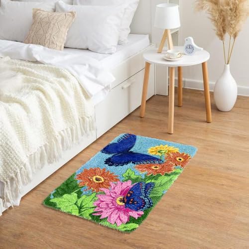 Yjunue Butterfly Floral Latch Hook Kits for Adults, DIY Crochet Yarn Rugs Hooking Craft Kit with Color Preprinted Pattern Design for Adults and Beginners(Butterfly, 20 x 15in) - Image 6