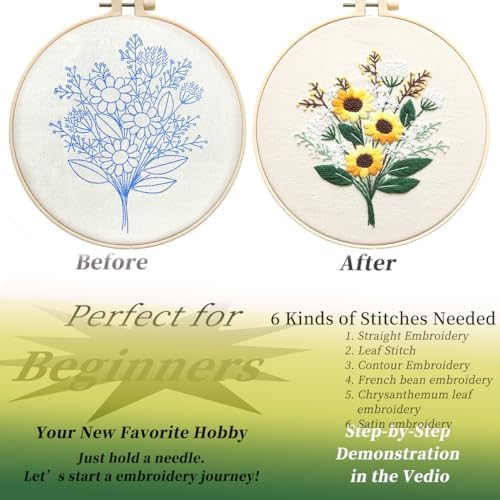 FONNUY Embroidery Kit for Beginners，Plants Flowers Pre-Stamped Pattern Kits for Adults with Hoop, Easy to Follow Needlework (Sunflower) - Image 4