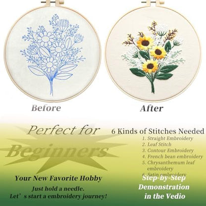 FONNUY Embroidery Kit for Beginners，Plants Flowers Pre-Stamped Pattern Kits for Adults with Hoop, Easy to Follow Needlework (Sunflower) - Image 4