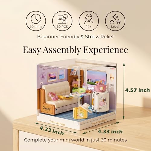 Train Carriage Miniature House Kit, Plastic DIY Dollhouse with Cozy Sofa & Travel Gear, Stackable Transparent Dust Cover, Creative Desktop Decor for Adults Teens - Image 2