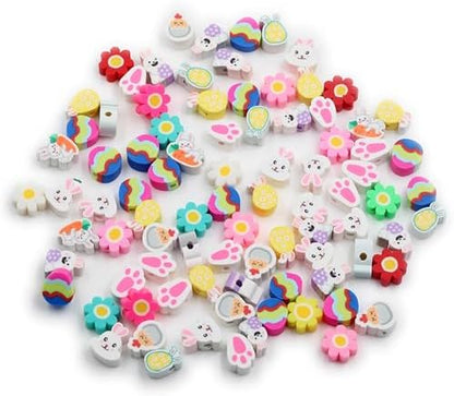 100 Pcs Colorful Easter Polymer Clay Beads Mixed Bunny & Egg Soft Heishi Spacer Beads Supplies for DIY Bracelet Earring Necklace Jewelry Making by PEVOGON