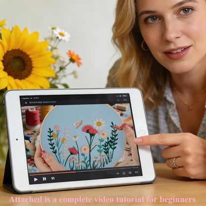 Flower Embroidery Kits for Beginners Adults, Hand DIY Embroidery Art Kits, Floral Stamped Cross Stitch Kits for Beginner Adults Craft Kits for Women, Entire Set of Embroidery Supplies & Video Tutorial - Image 3