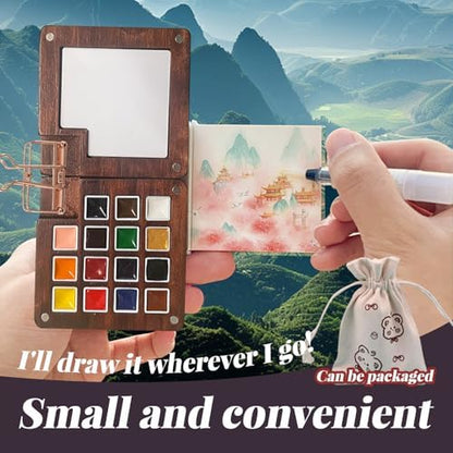 Mini Watercolor Travel Set – 15 Color Paint Kit with Wooden Palette, Magnetic Lid, Water Brush, Sketchbook for Travelers and Artists（C） - Image 3