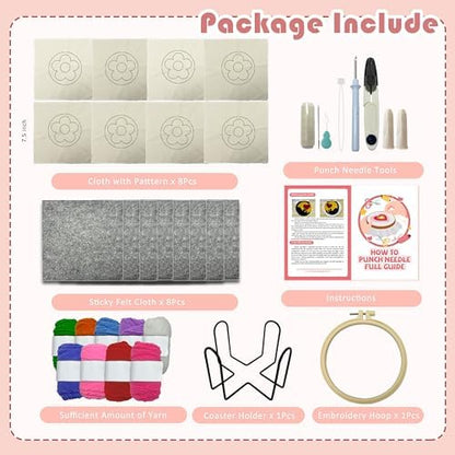 SEREDH Punch Needle Kit for Beginners Adults Easy Needle Punch Embroidery Set Including Threader Instruction Fabric Hoop Yarn Coaster DIY Making Kit Supplies,Set of 8 Flower Art Crafts Gifts - Image 4