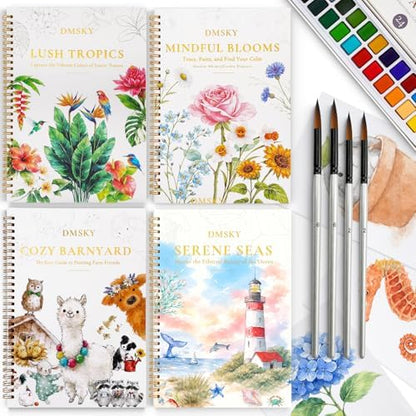 4 Pack Watercolor Workbook,Water Colors Paint Adult Set for Beginner with Step by Step,Relaxing & Easy to Paint Water Coloring Book with 24 Colors,Perfect for Gifting to Creativity & Joy for Adults by DMSKY