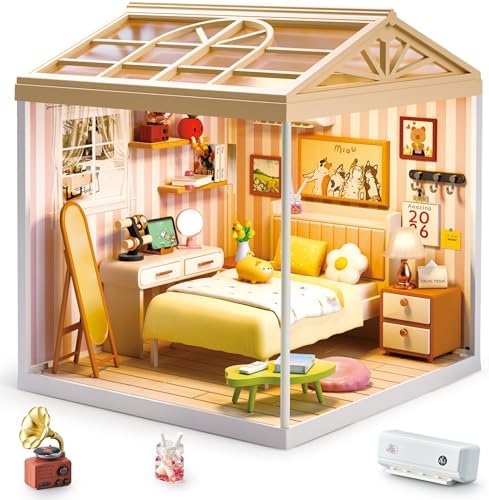 Cozy Bedroom DIY Miniature House Kit with Roof & LED Light, Stackable & Connectable Dollhouse Kit with Dustproof Door, Creative DIY Crafts Building Toy Gift for Adults Teens by Unknown