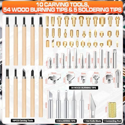 203PCS Wood Burning Kit, 100W Digital Wood Burner Tool with Adjustable Temperature, Pyrography Pen Set with 54 Tips, Letter Number Stamps, 10 Stencils, Transfer Papers, Carving Tools & Case - Image 3