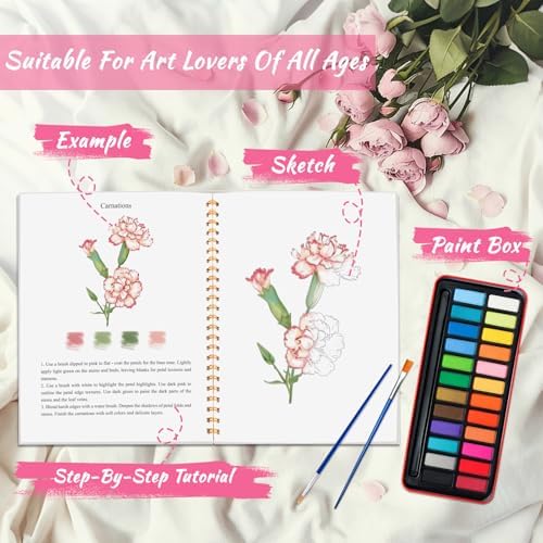 Watercolor Workbook - Coloring Book Beginner Friendly Painting Kit, Watercolor Workbooks for Adults, Exploration Gift for Adults Teens (Flowers-Animals, 24 Color Palette) - Image 6