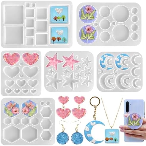 RESINWORLD Multi-Functional Small Silicone Molds Set for Resin, Earrings Resin Molds, Hexagon Round Crescent Moon Pentagram Heart Molds for Keychain Badge Reel Pendant Charm Earrings Jewelry Making by ResinWorld