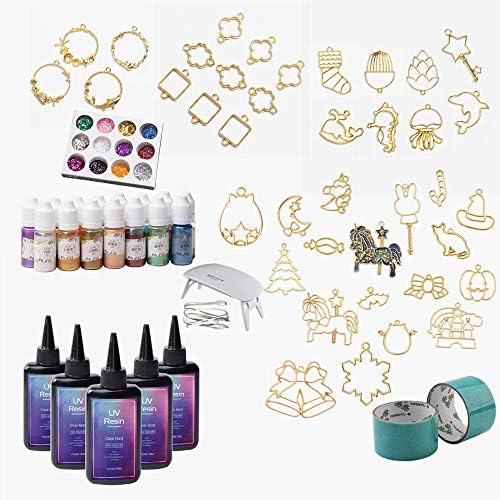 500ml Clear UV Resin with Lamp + 38 Bezels Christmas Halloween Patterns for Pendants Earrings Jewelry Making + 15 Metallic Pearlescent Liquid Pigment Colorants & Glitter + 2 Tapes, Resin Crafting Kit by VidaRosa