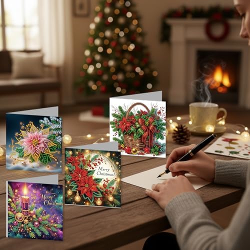 jinglinhh 12pcs Diamond Art Painting Christmas Poinsettia Basket Candle Greeting Cards with Envelopes, DIY Card Making Kits for Adults, Diamond Art Christmas Cards for Holiday Gifts - Image 4