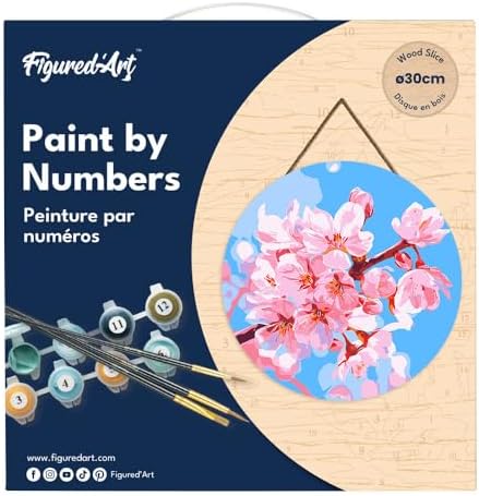 Figured'Art Paint by Numbers Kit for Adults on Wood Slice, 11.8in Diameter - Cherry Blossom - Craft Art Painting DIY Canvas - Image 5