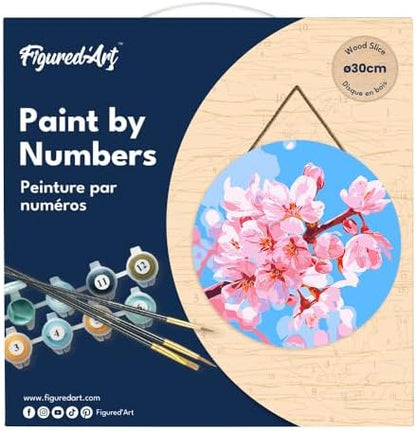 Figured'Art Paint by Numbers Kit for Adults on Wood Slice, 11.8in Diameter - Cherry Blossom - Craft Art Painting DIY Canvas - Image 5