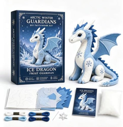 Winter Guardians DIY Patchwork Kit, Felt Animal Sewing Kit for Adults & Beginners, 3D Stuffed Mythical Creature Needle and Thread Kit Craft Sewing Project Kits fo (Ice Dragon) by Unknown