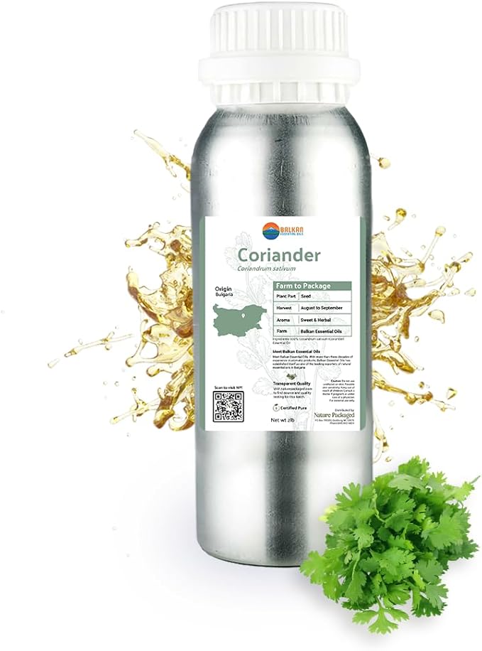 Nature Packaged Coriander Essential Oil - Direct from Bulgarian Balkan Mountains - Steam Distilled - Aceite Cilantro for Aromatherapy, Massage, Diffuser, DIY Candle and Soap Making - 2lbs