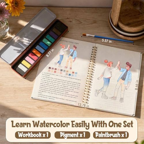 Watercolor Workbook - Beginner Friendly Watercolor Kit with 12 Colors Paint Set, Brush & Coloring Book, Adult Watercolor Painting Book & Learning Workbook for Teens（People） - Image 2