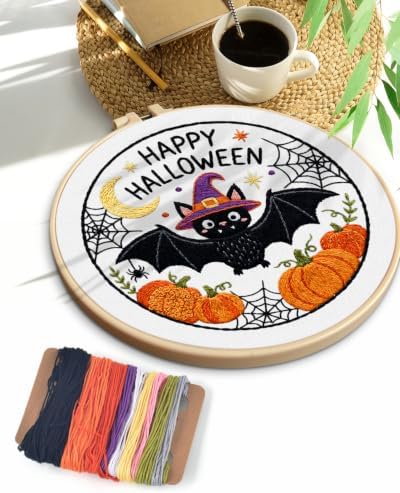 TINDTOP Halloween Embroidery Kit for Adult, Embroidery DIY Starter Kit, with Stamped Patterns, Hoop, Tools, Colorful Threads with Needles, Instructions (Halloween D) - Image 7