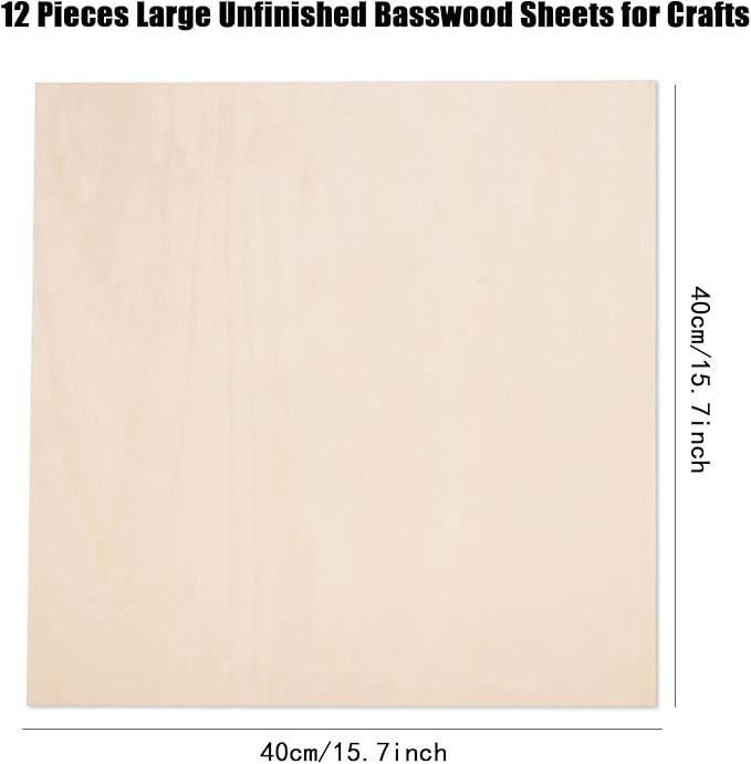 12 Pack Basswood Sheets for Crafts-16 x 16 x 1/8 Inch- 3mm Thick Plywood Sheets with Smooth Surfaces-Unfinished Squares Wood Boards for Laser Cutting, Wood Burning, Architectural Models, Staining