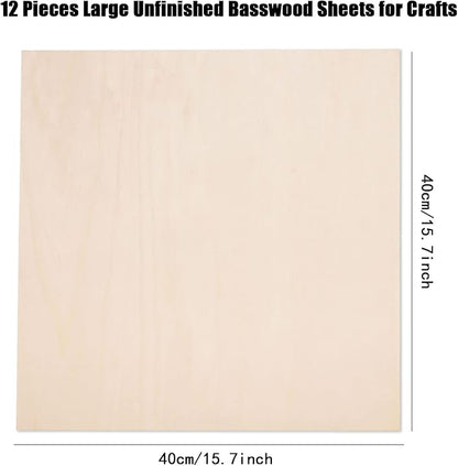 12 Pack Basswood Sheets for Crafts-16 x 16 x 1/8 Inch- 3mm Thick Plywood Sheets with Smooth Surfaces-Unfinished Squares Wood Boards for Laser Cutting, Wood Burning, Architectural Models, Staining