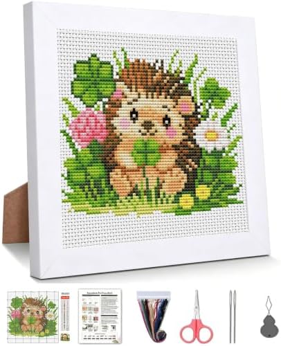 Hedgehog Clover Stamped Cross Stitch Kits for Beginners Adults with Framed by WUSARPLY