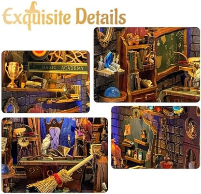 ZibbleZork Book Nook Kit for Adults, 3D Puzzle Miniature House Kit for Craft Lovers, DIY Bookshelf Decor with LED Sensor Light (Magic Academy) - Image 4