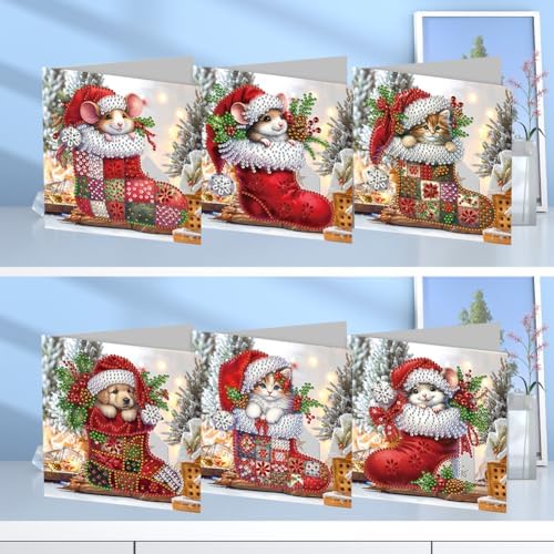 6pcs DIY Diamond Art Christmas Cards Kit with Envelopes & Tools-Diamond Dot Greeting Cards,Xmas 5D Rhinestones Painting for Adults,DIY Craft Family Friend Xmas Gifts(Xmas Stocking Animals) - Image 2