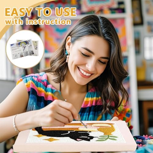 Doodlream Cat on Books Needle Kit for Beginner, 9.4"x 9.4" Coffee and Plant Punch Stitching Craft Set, Color DIY Embroidery Starter with Printed Frame, Instruction, Threader, Yarn, Pinch Needle - Image 3