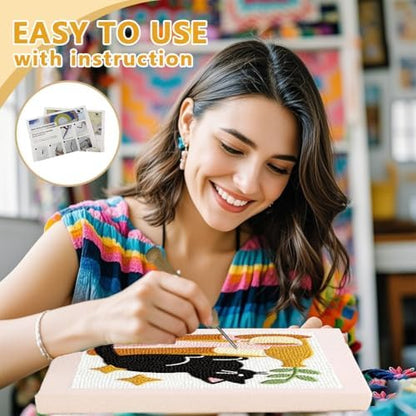 Doodlream Cat on Books Needle Kit for Beginner, 9.4"x 9.4" Coffee and Plant Punch Stitching Craft Set, Color DIY Embroidery Starter with Printed Frame, Instruction, Threader, Yarn, Pinch Needle - Image 3