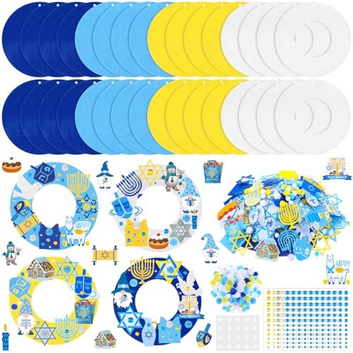 Wavwavw 472 Pcs Hanukkah Craft Kits Hanukkah DIY Wreath Craft Kit Chanukah Wreath Arts Decorations with Menorah Dreidel Gnome Stickers for Indoor Outdoor Home Party Favors by Wavwavw