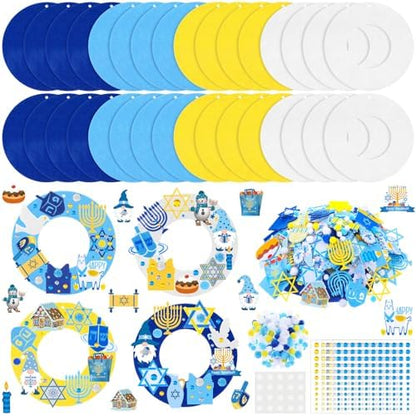 Wavwavw 472 Pcs Hanukkah Craft Kits Hanukkah DIY Wreath Craft Kit Chanukah Wreath Arts Decorations with Menorah Dreidel Gnome Stickers for Indoor Outdoor Home Party Favors by Wavwavw