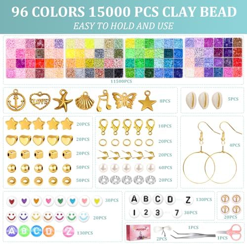 LEUCHTAMOR 15000PCS Clay Beads 96 Colors Friendship Bracelet Making Kit 4 Boxes Polymer Clay Beads Disc Clay Beads with Charms for Jewelry Making,Crafts Gifts - Image 2