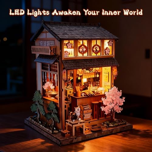 DIY Book Nook Kit for Adults, Japanese Sakura Dollhouse Kit, Miniature House Kit with LED Light, Mini Building Kit, 3D Wooden Puzzles Bookshelf Craft Diorama for Adults Teen Gifts (Japanese Izakaya) - Image 3
